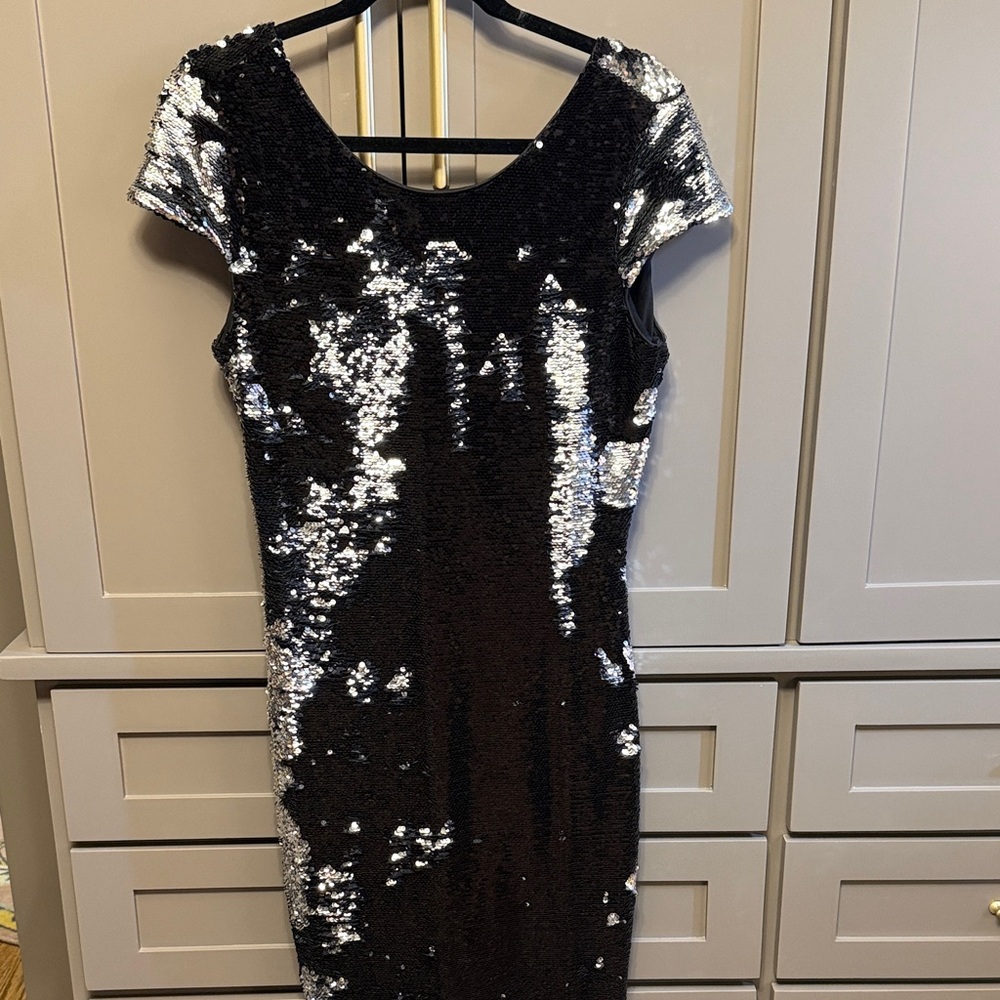 Black and Silver Sequin Midi Dress with Cap Sleeves